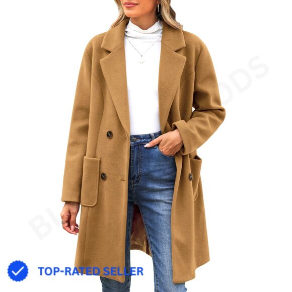 Wool Blend Pea Coat Double Breasted Notch Lapel Trench Coat Women's Classic
